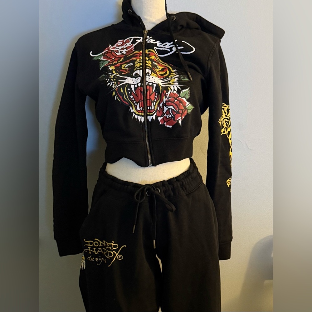 Ed Hardy Black Hoodie and Joggers with Tiger and Rose Size L